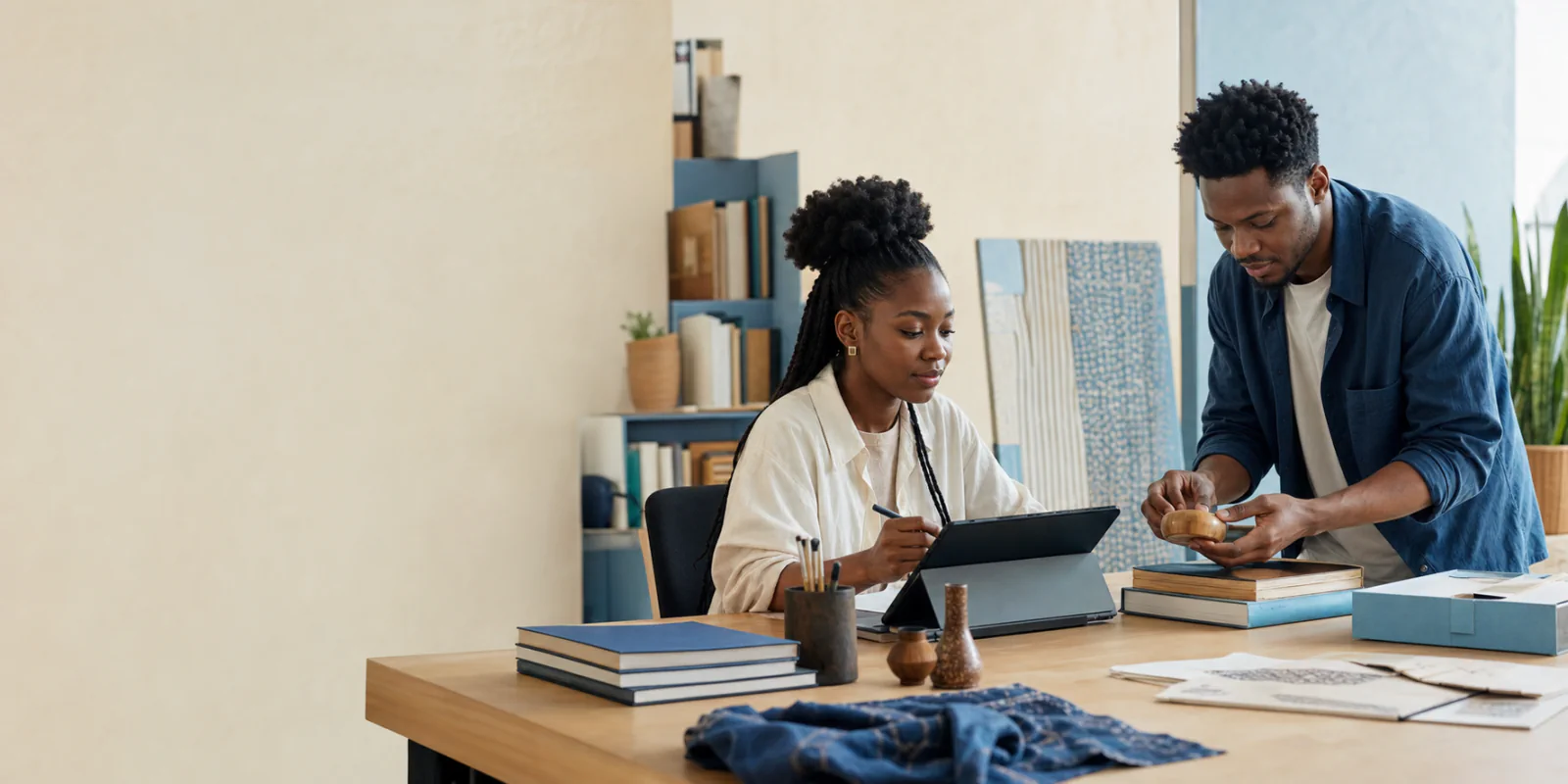 Independent African creators working together in a bright studio